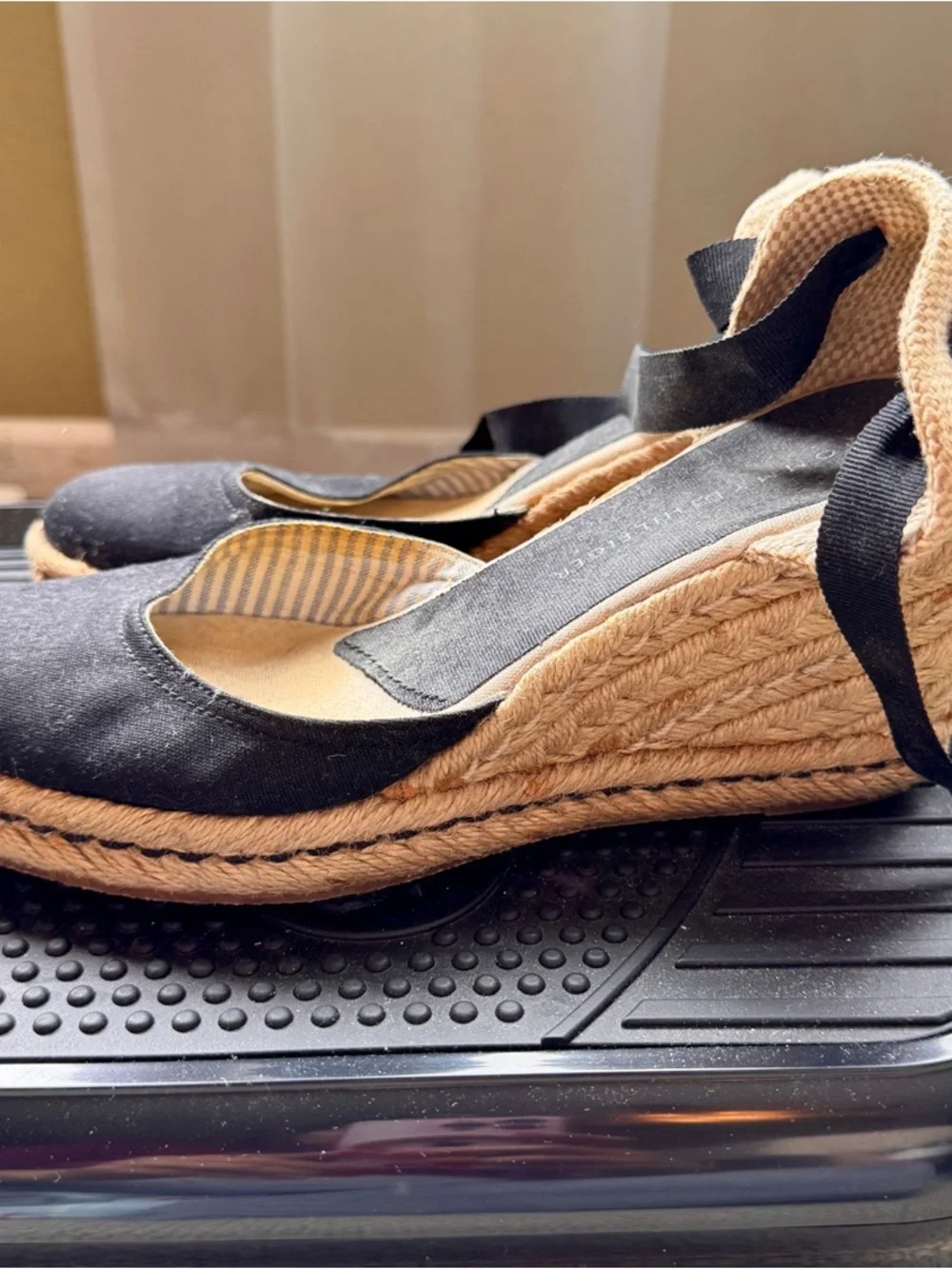Tommy Hilfiger women's Black Espadrille Wedge Sandals with Ankle Wrap